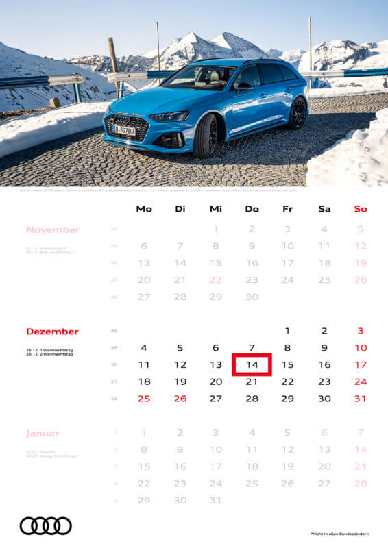 Audi 3-Monatskalender 2023 A3 Dezember