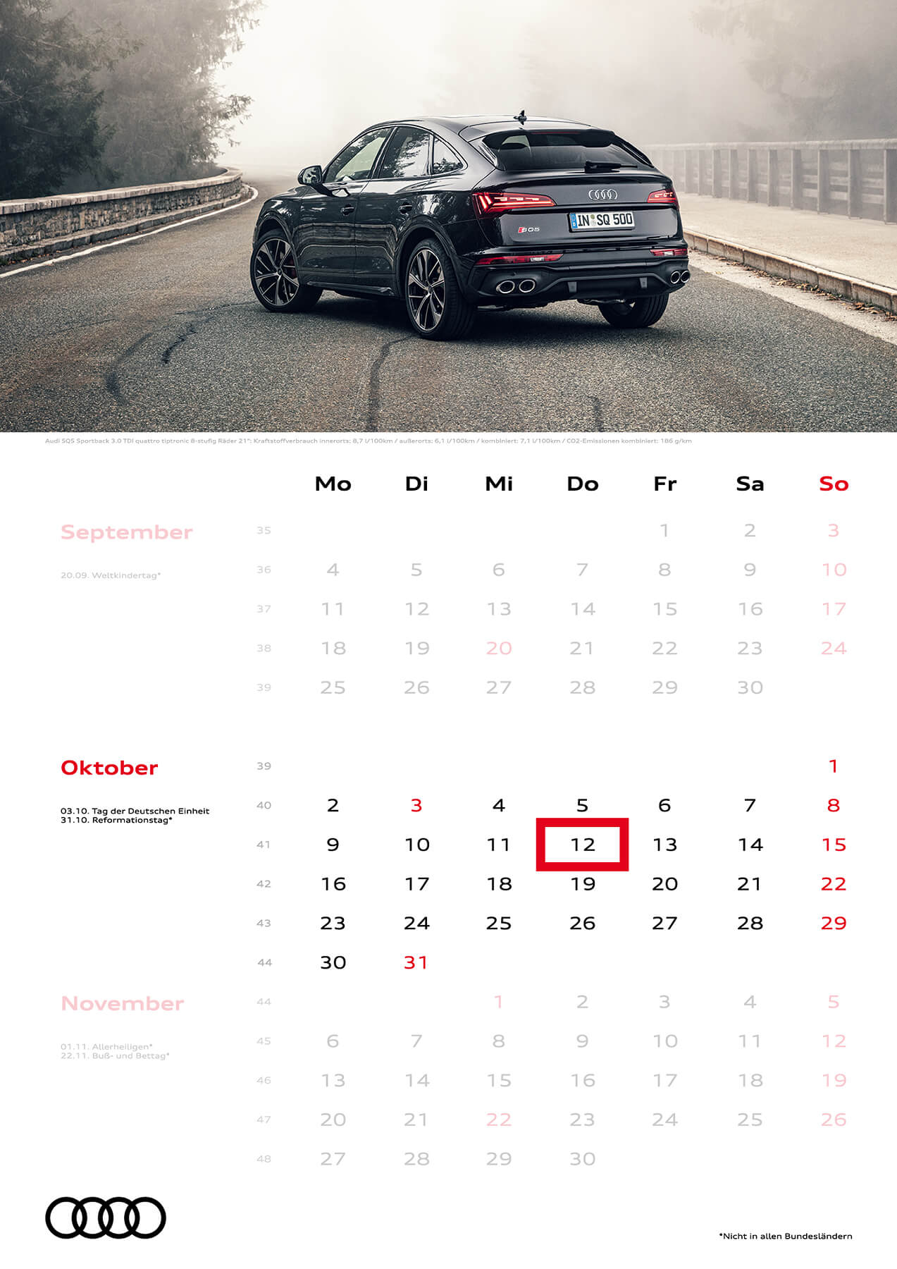 Audi 3-Monatskalender 2023 A3 Oktober