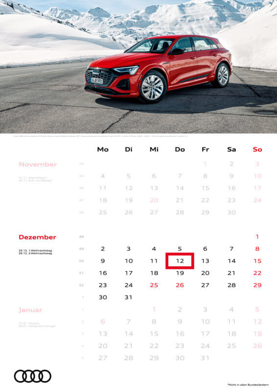 Audi 3-Monatskalender 2024 A3 Dezember