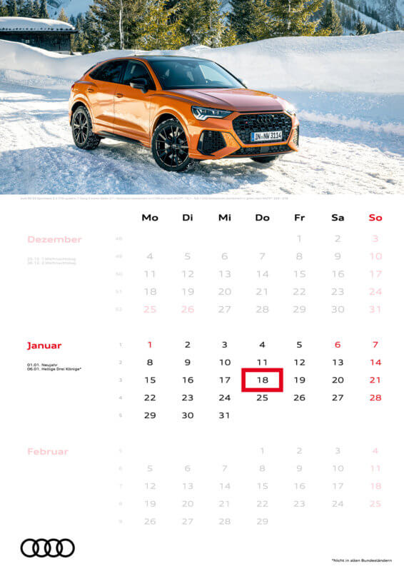 Audi 3-Monatskalender 2024 A3 Januar